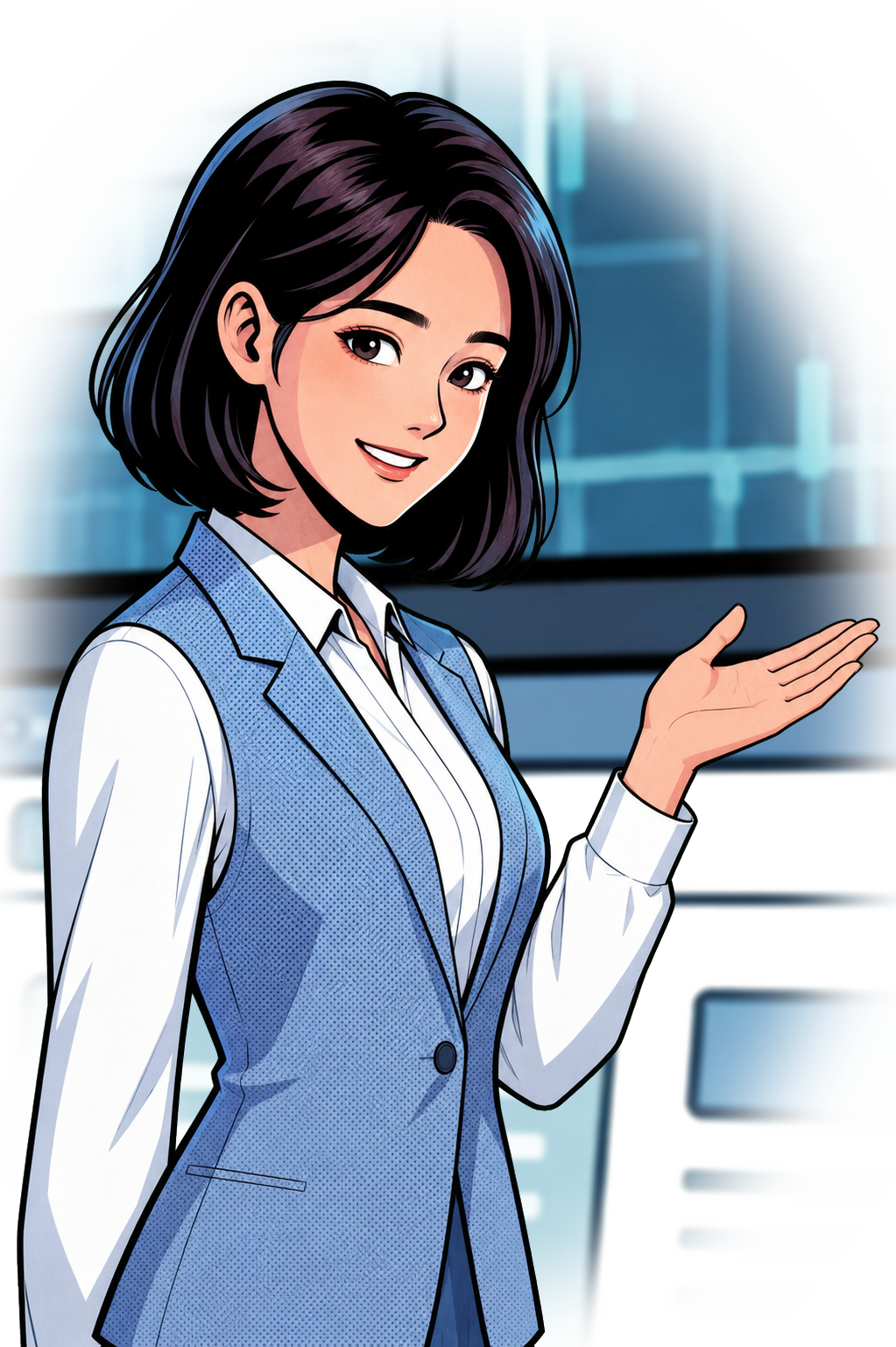 컴퓨터 작업 화면 앞에서 오른손을 펴 안내하는 AI 프로듀샤 캐릭터